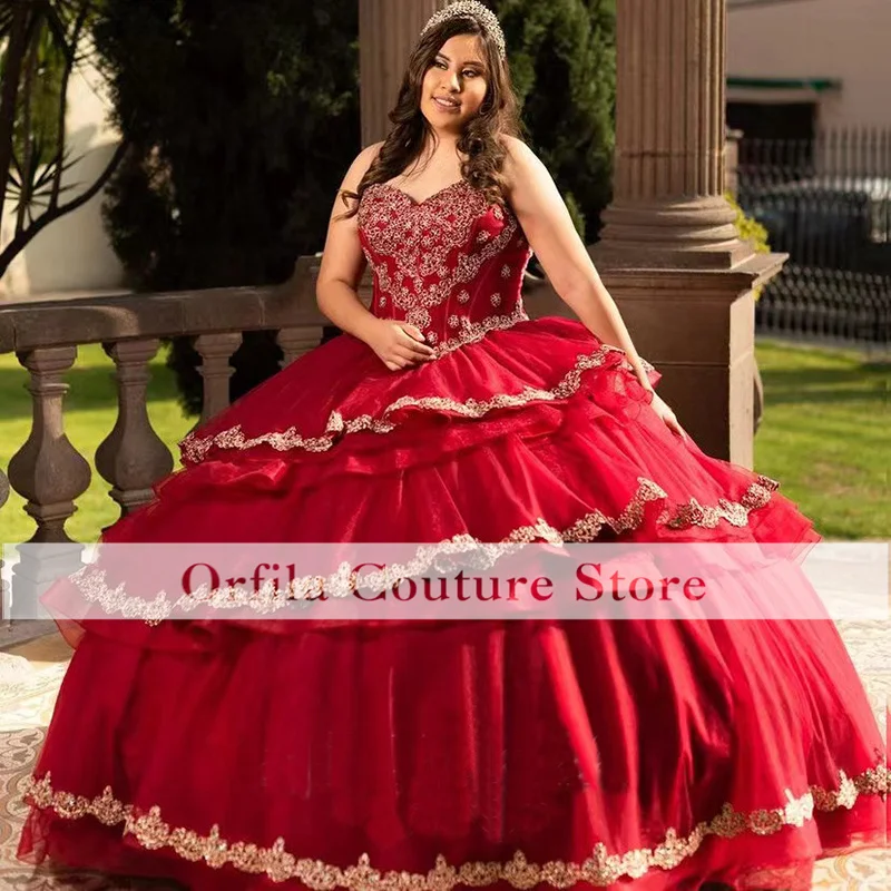 

Red Quinceanera Dresses Tiered Tulle Appliques Lace Sweetheart Sweet 16 Dress vestido de 15 anos 2025 Ball Prom Gowns Customized