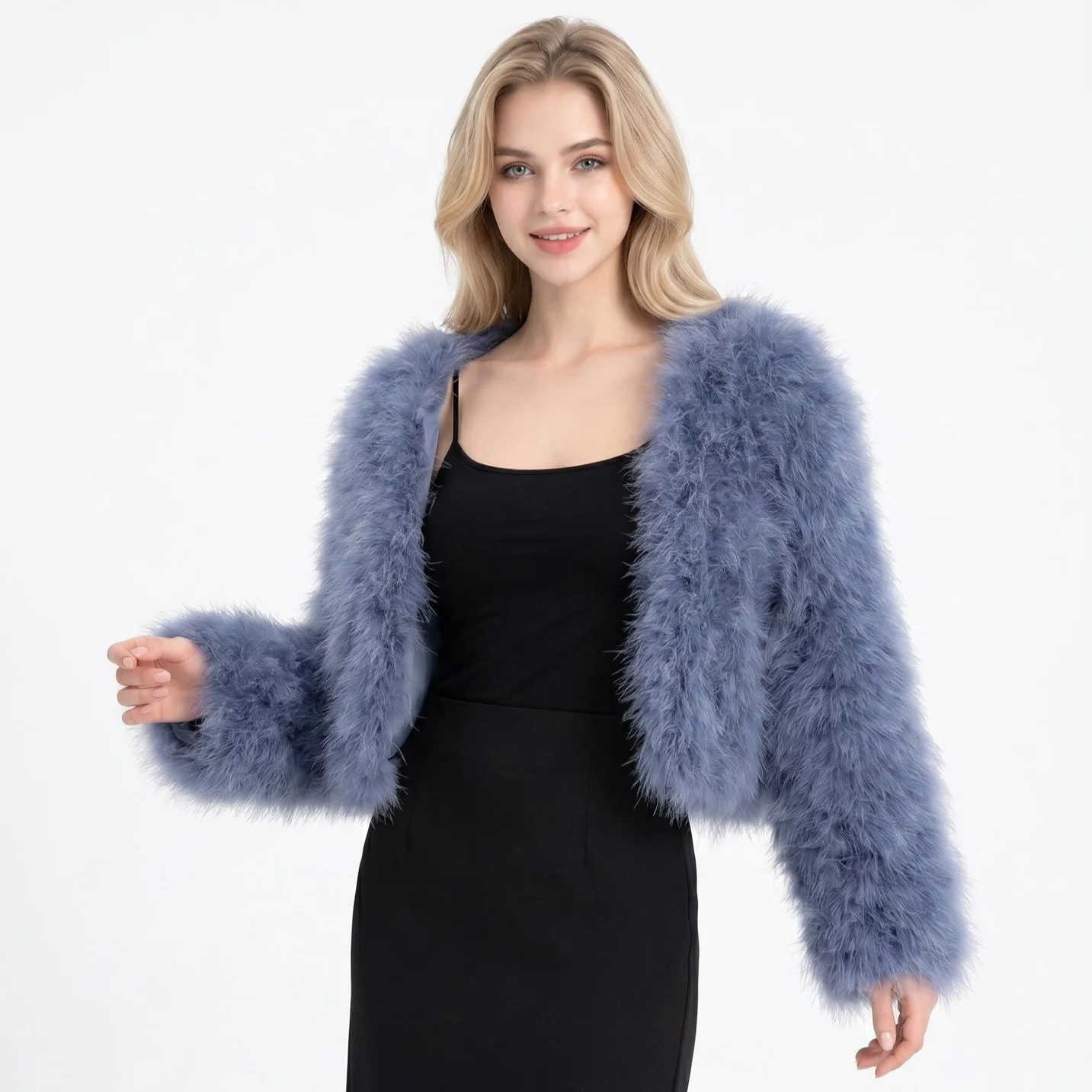 plus Size  High-Waist Short Real Ostrich Feahter Jacket Ladies Fashion round Neck  Feather Women Fur Coat Elegant  Clothing