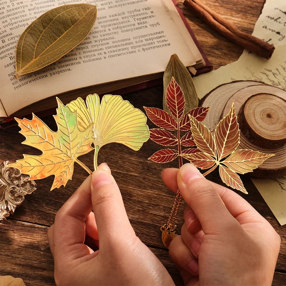 Exquisite Leaf Metal Bookmark with Metal Chain Pendant Maple Apricot Leaf Book Markers Reading Accessories Student Stationery