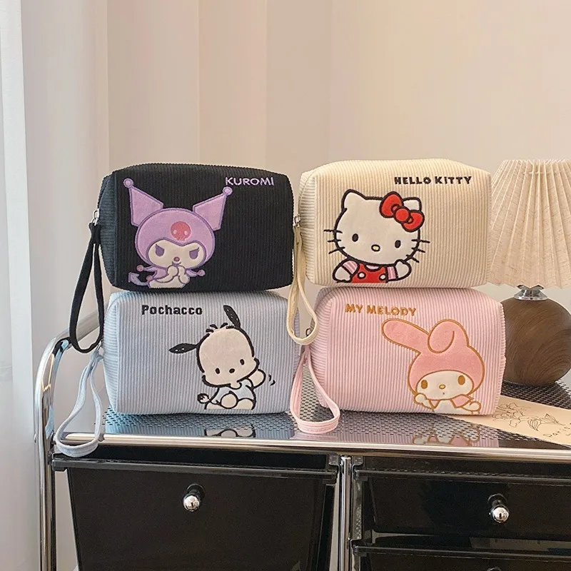 Sanrio Hello Kitty My Melody Cosmetic Bag Cartoon Portable Wash Bag Corduroy Cosmetic Hand Carry Storage Bag Coin Purse Gift