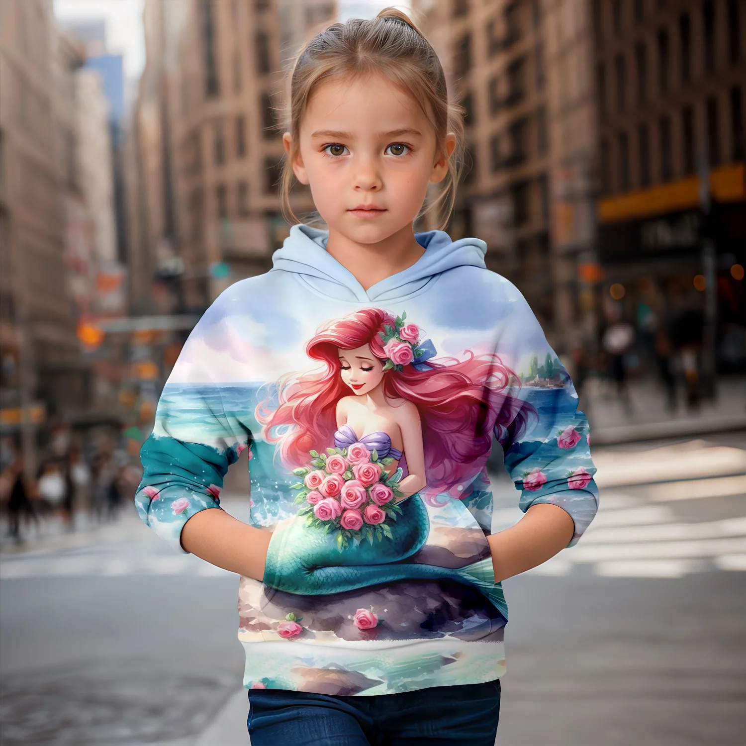 2024 New MINISO Cartoon Mermaid Princess 3d Print Girls Hoodies Long Sleeve Hooded Sweatshirt Top Lovely Pullover Spring Autumn