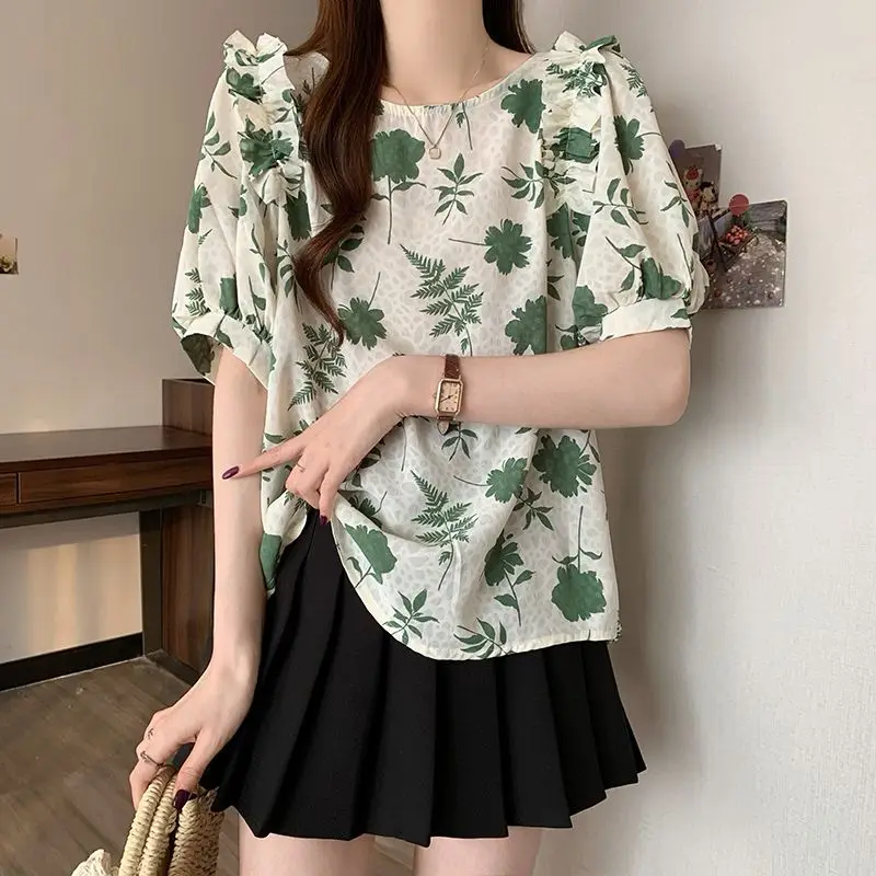 Fashionable Folds Spliced Blouse Summer Vintage Floral Printed Women's Clothing Loose O-Neck Casual Backless Drawstring Shirts