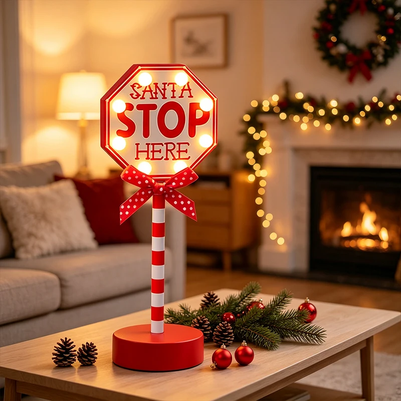 Christmas Gift Santa Stop Here Christmas Tabletop Sign Light Battery Powered LED Xmas Decor Lamp with Candy Cane Pole for Window