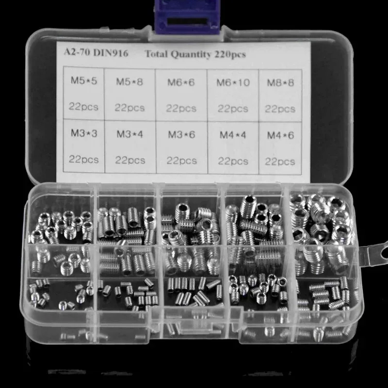 220Pcs M3 M4 M5 M6 M8 Stainless Steel Allen Head Socket Hex Set Grub Screws Assortment Kit Cup Point Grub Bolt Screw