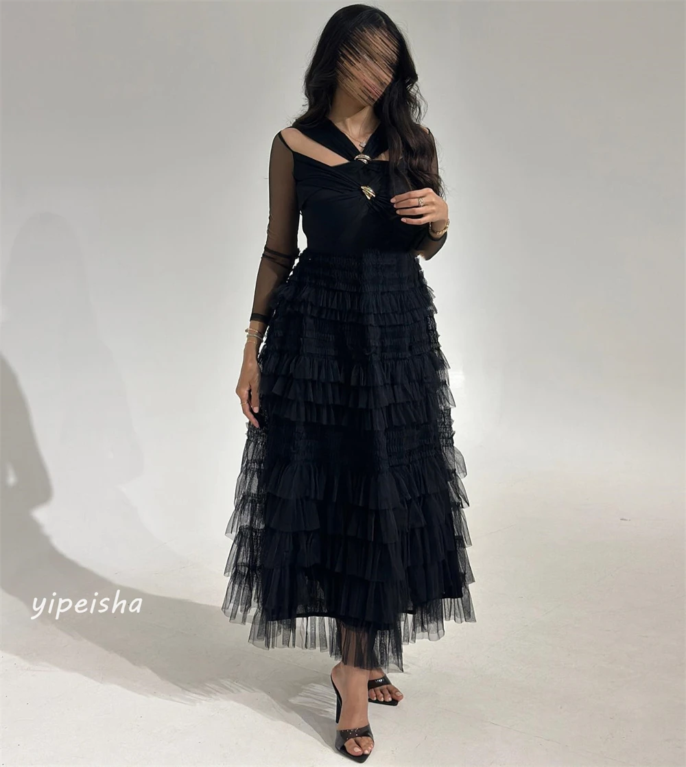 Tulle Draped Plissado Homecoming Vestidos Midi, V-Neck Vestido, camadas camadas, Ocasião Bespoke