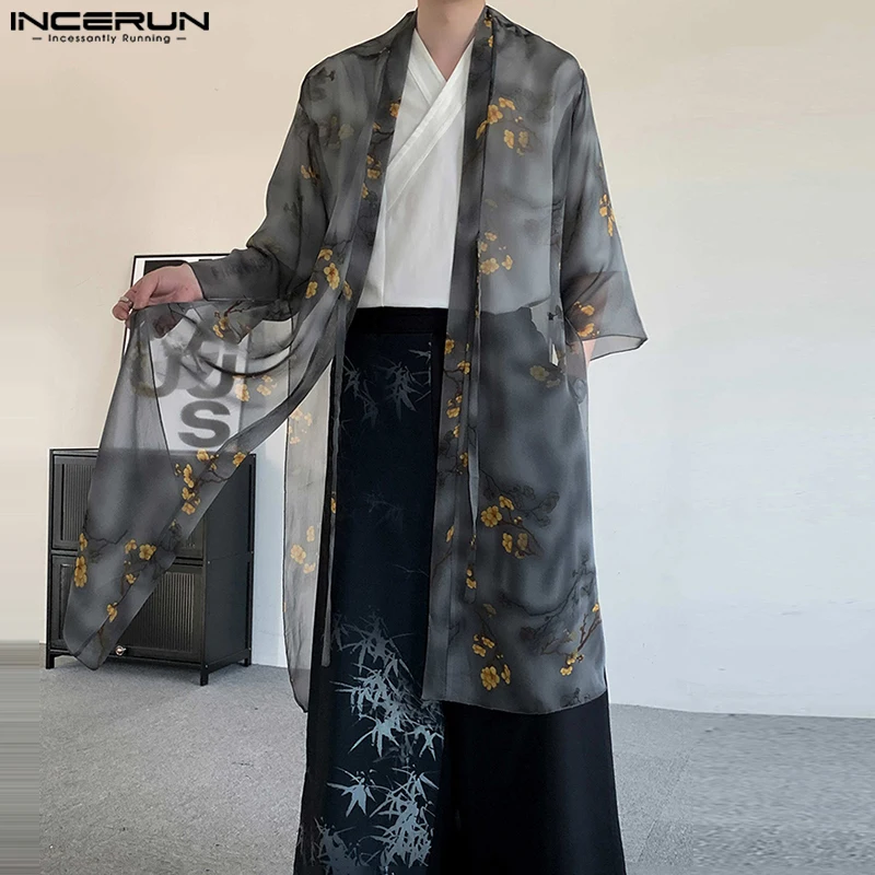 

INCERUN See-through Men Shirt Long Shirt Cardigan Floral Print Tops Summer Spring Tee Streetwear Open Stitch Shirts Oversize
