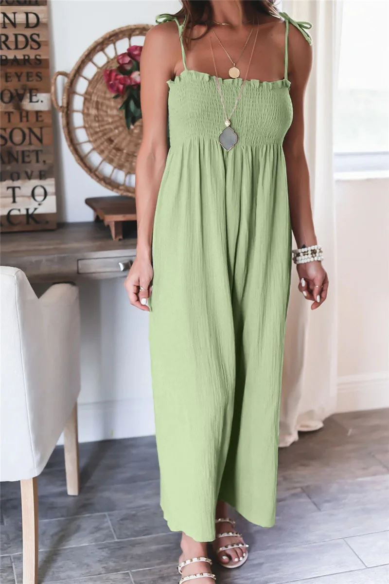 Summer Women\'s Linen High Waist Solid Color Sleeveless Ruched Jumpsuit Sexy Sling Lace Up Ruffles Wide Leg Pants Rompers