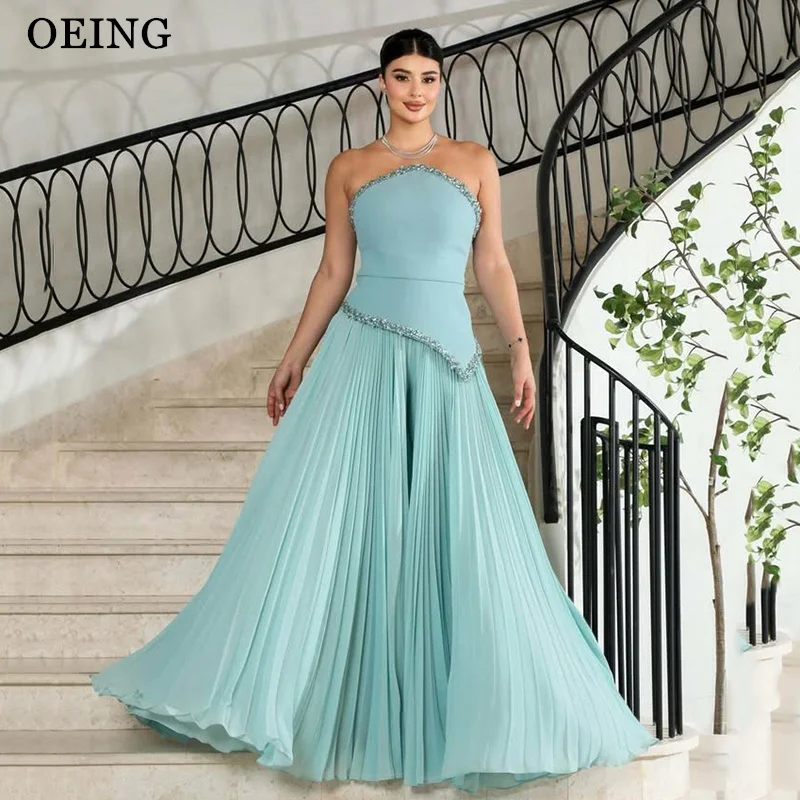 

OEING Elegant A-Line Prom Dresses Mint Green Strapless Draped Beading Floor Length Party Dresses robes de soirée Customized
