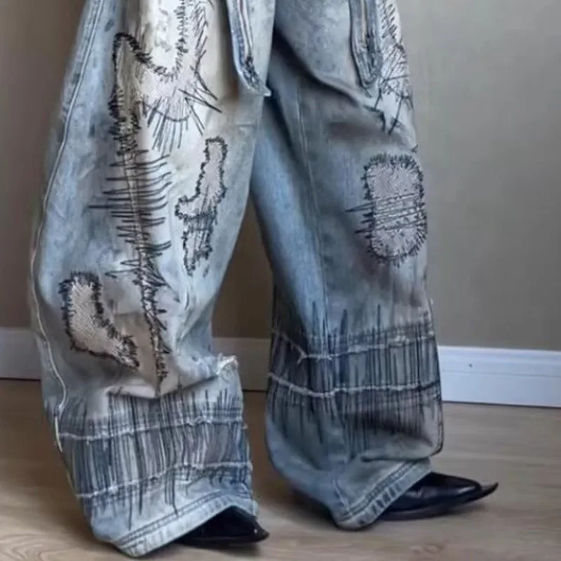 ANJY Autumn New Women American Retro Jeans Washed Stitch Embroidery Denim Vintage Distressed Streetwear Ins Wide Leg Pants A9300