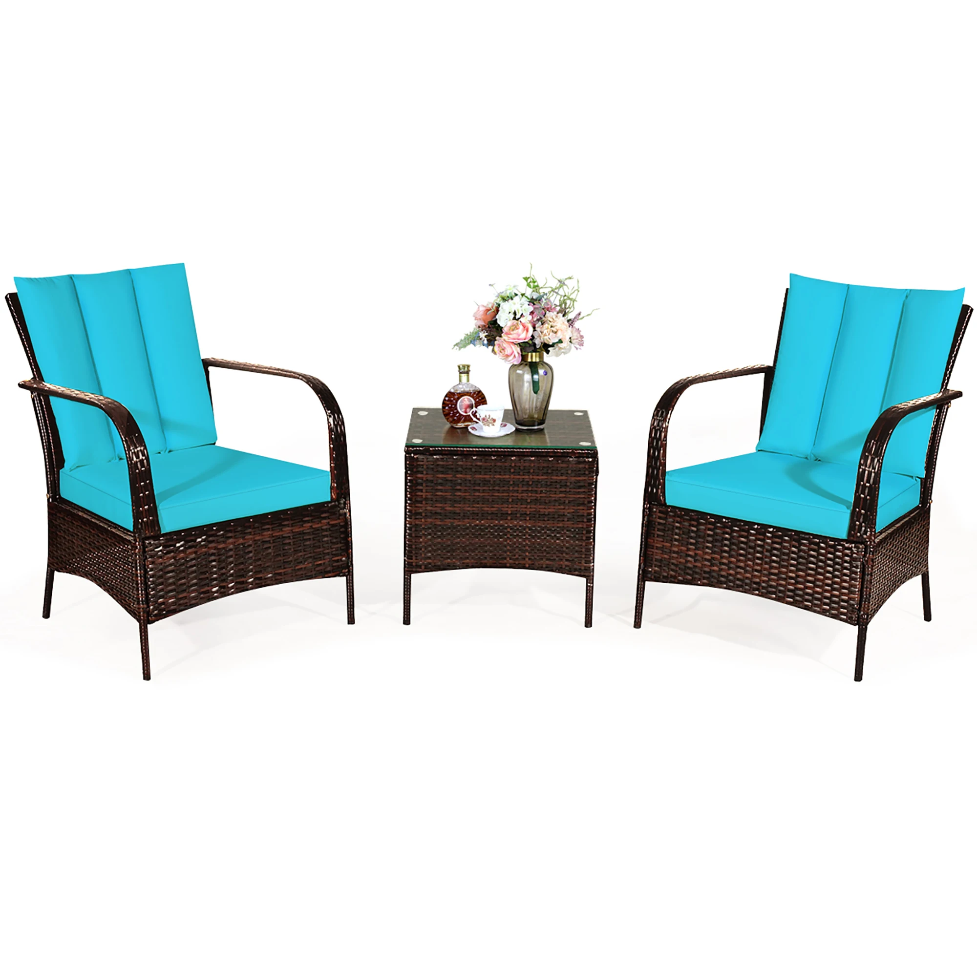 3PCS Outdoor Rattan Conversation Set Patio Garden Cushioned Sofa Chair Turquoise