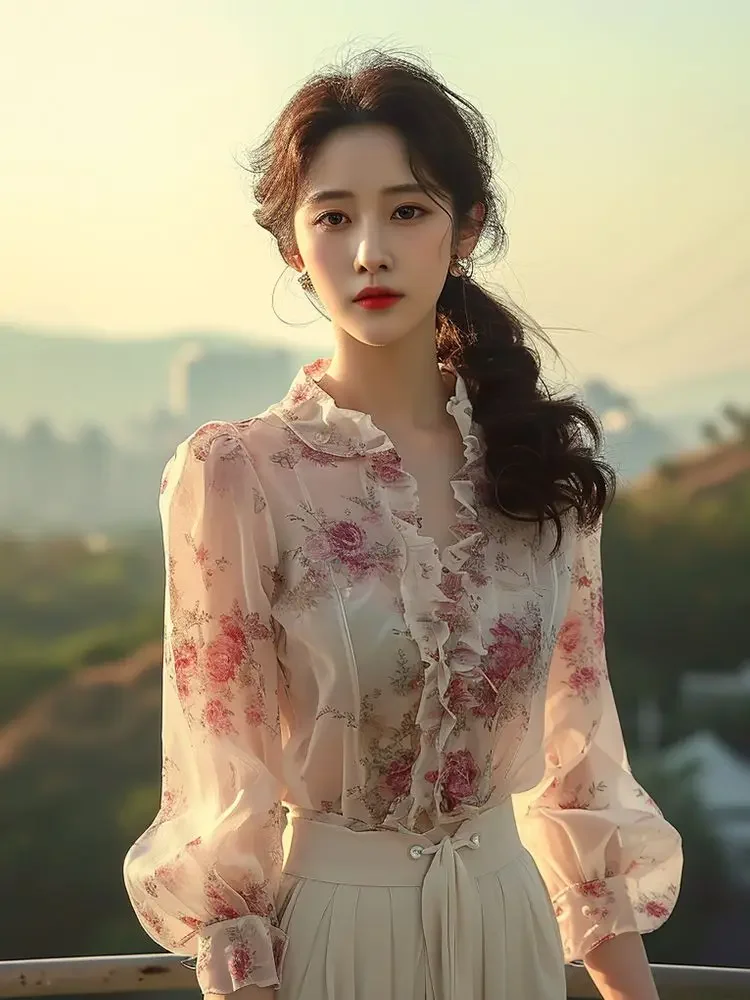 

Super High-end and Beautiful Pink Lace V-neck Shirt for Women's Spring Black Ears New Versatile Super Fairy Top