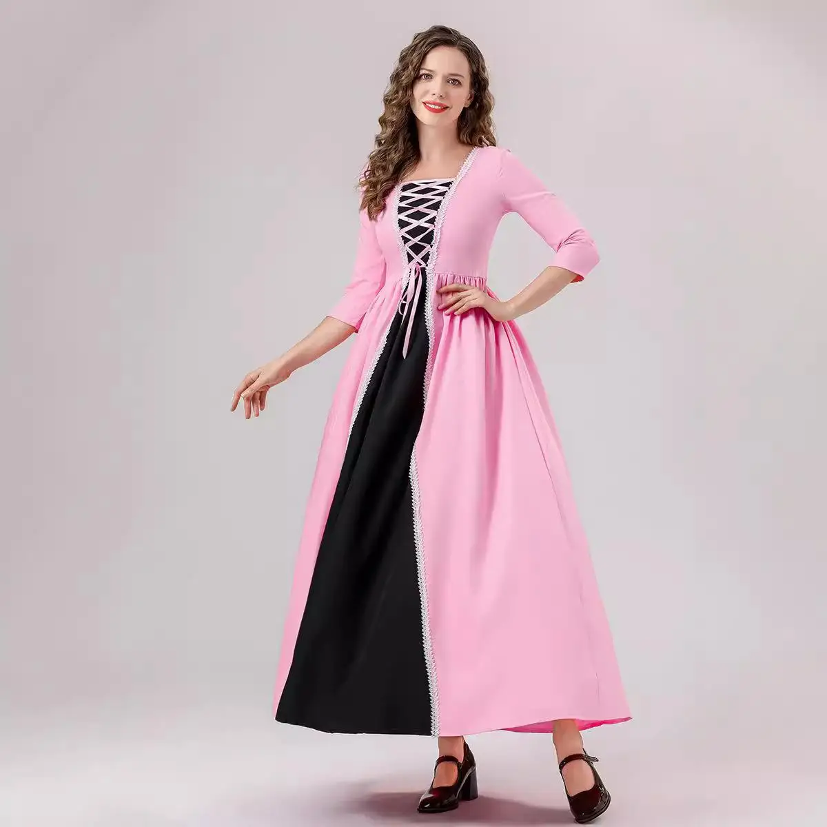 大人用ローランドコートコスチューム中世風レトロピンクロングドレスパフォーマンス衣装伝統的な民族衣装女性用ステージ衣装