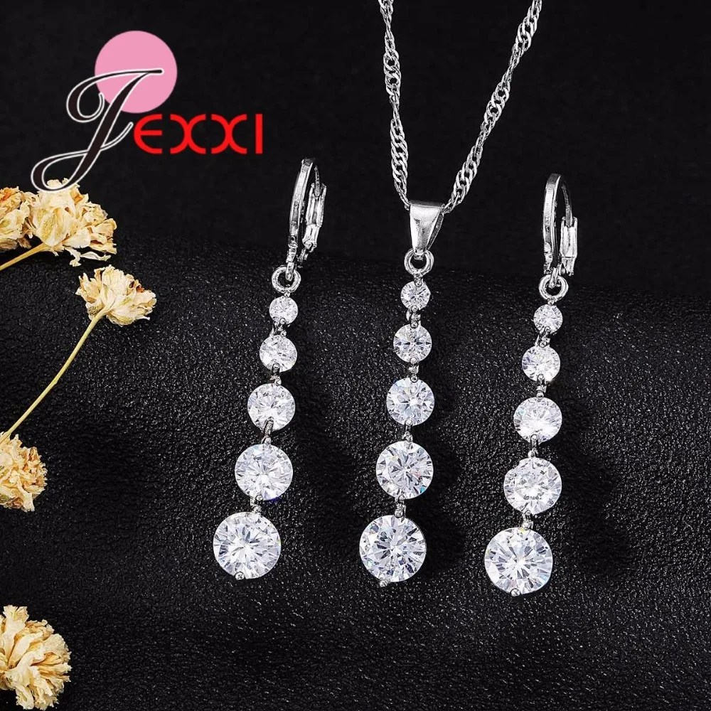 Fashion CZ White Zircon Long Pendant+Earrings Necklace Jewelry Sets 925 Sterling Silver Color Wedding Jewelry for Women Wedding