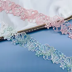 2yards Pink Blue Embroidery Flower Lace Fabric Trim Ribbon DIY Sewing Bridal Applique Collar Guipure Dress Wedding Decor 2.9CM
