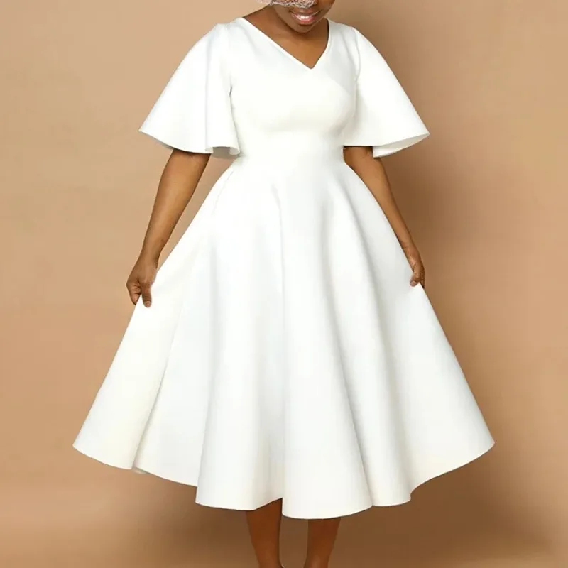 

Elegant Dresses for Women V Neck Flare Sleeve High Waisted Pleated A Line Mid Calf Luxury Birthday Party Dinner Vestidos Mujer