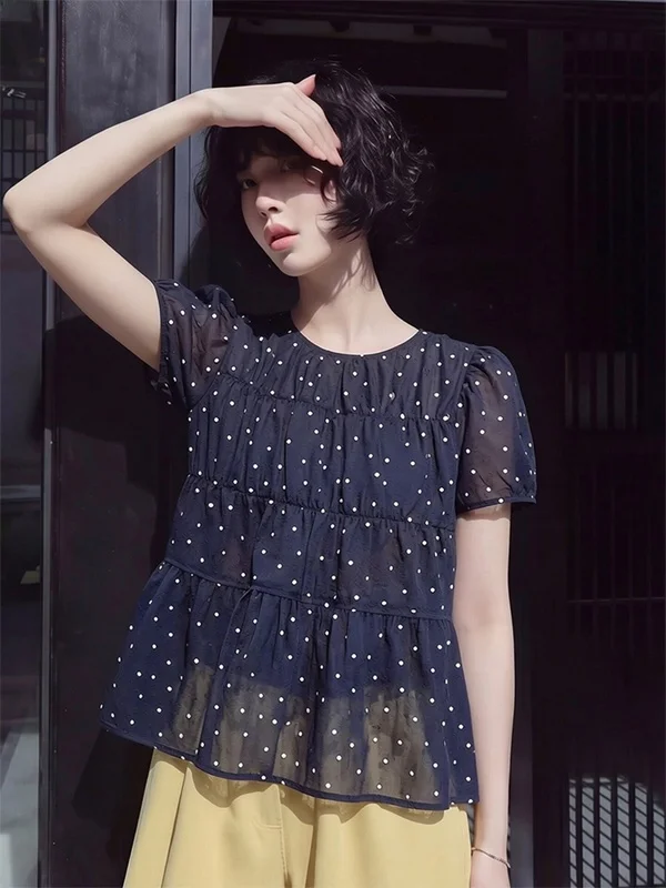 

Blue Polka Dot Short Sleeve T-Shirt Women's Loose Bubble Sleeve Top Design Sensation Summer Casual Style Premium Feeling