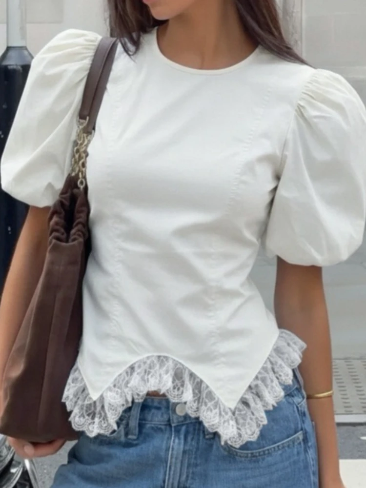 Neues Lässiges Damenhemd mit O-Ausschnitt, Spitzen-Patchwork, Kurzen Puffärmeln und Taillierung - Schickes Damen-Oberteil für Frühling und Sommer