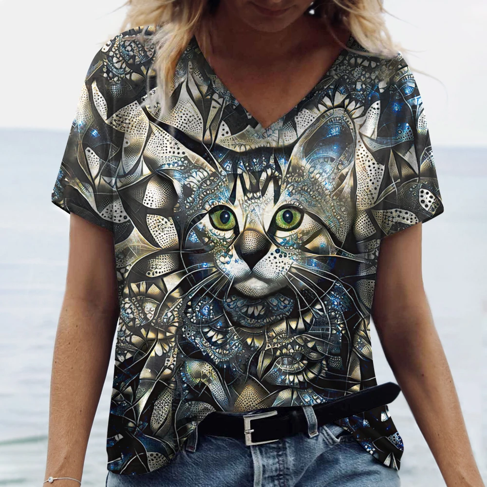 Camiseta con cuello en V para mujer, en 3d camisa con estampado de animales, camisetas divertidas de verano para mujer, ropa informal de gran tamaño