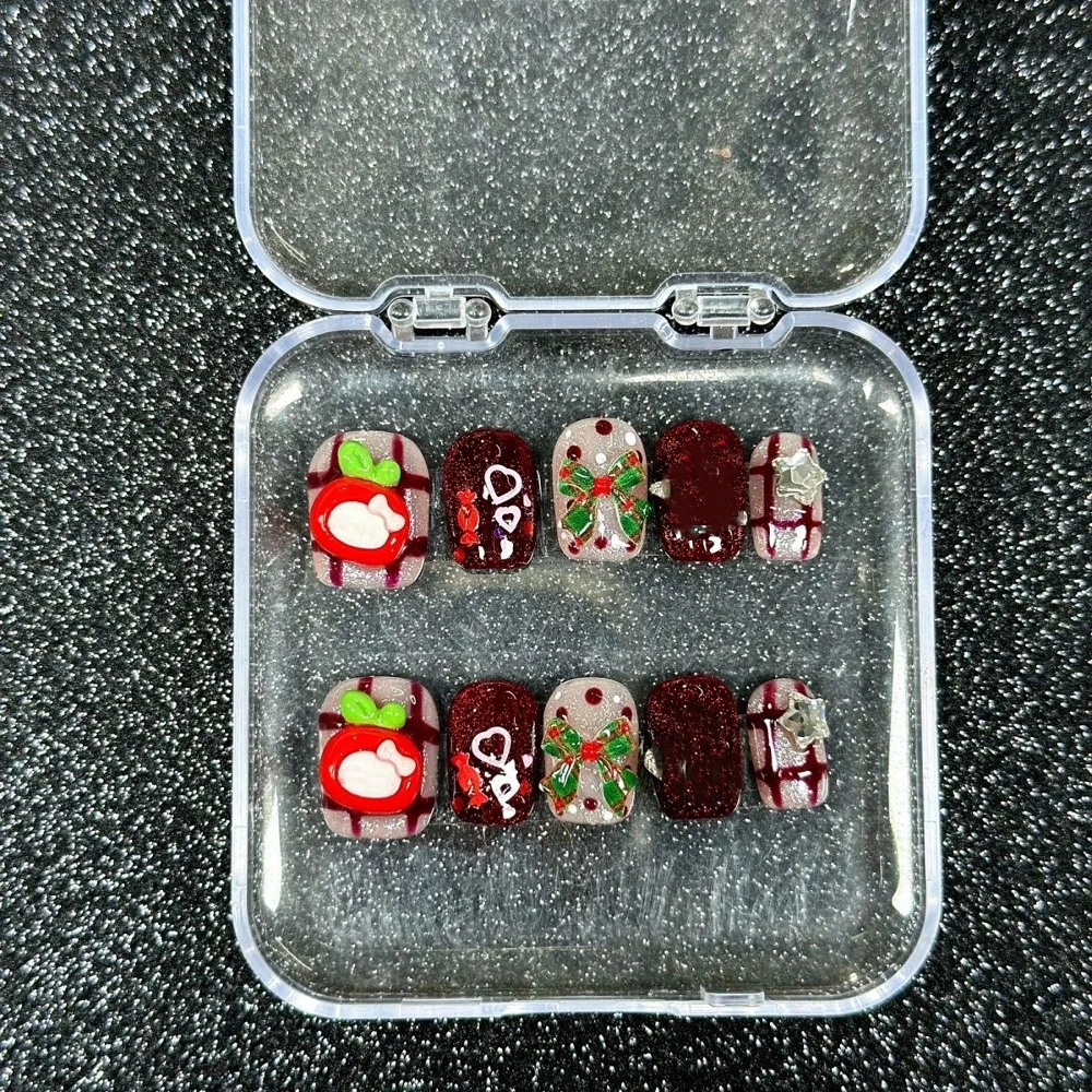 10Pcs Kawaii Cartoon Long Coffin French Full Cover Nail Sweet Cool 3D Bow Five-Pointed Star Pure Handmade Fake Nails Gift