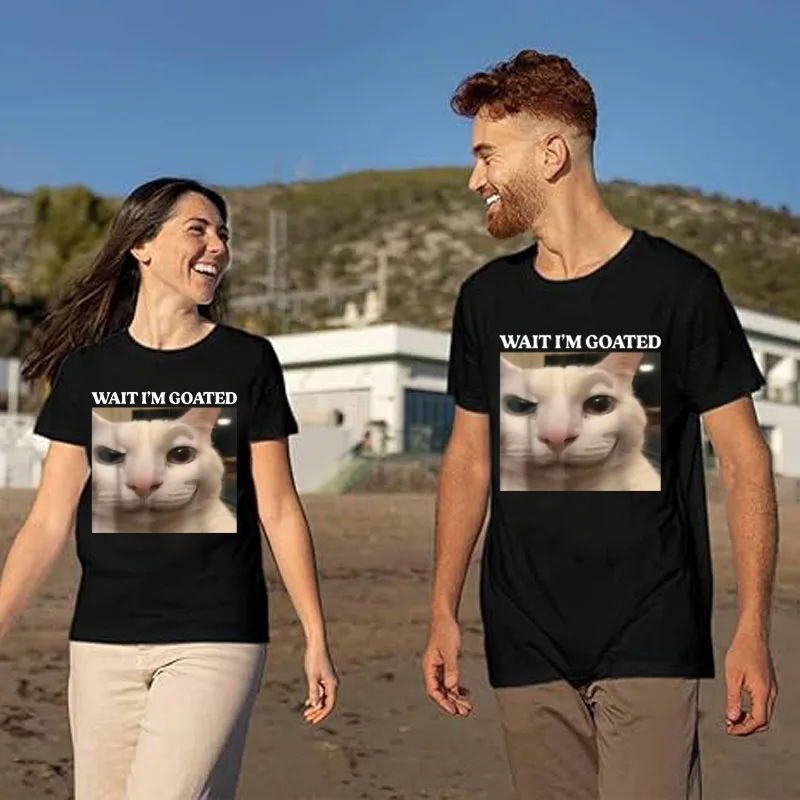

Wait I'm Goated Cat Funny Silly Kitty Staring Cat Y2k Humor Meme T-Shirt Kitten Lover Graphic Outfit Art Streetwear Saying Tee