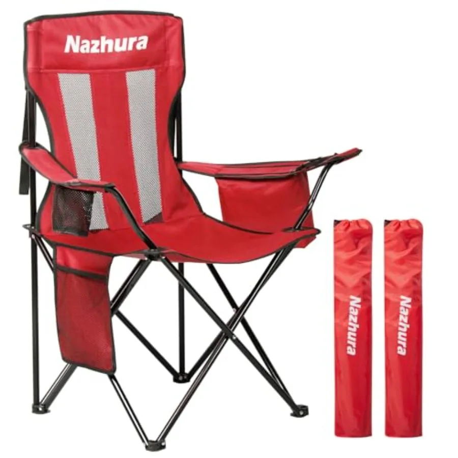 

Комплект из 2 складных портативных кемпинговых стульев для улицы с сумкой-холодильником, сетчатой спинкой и карманом для стакана, красные, 2 шт.