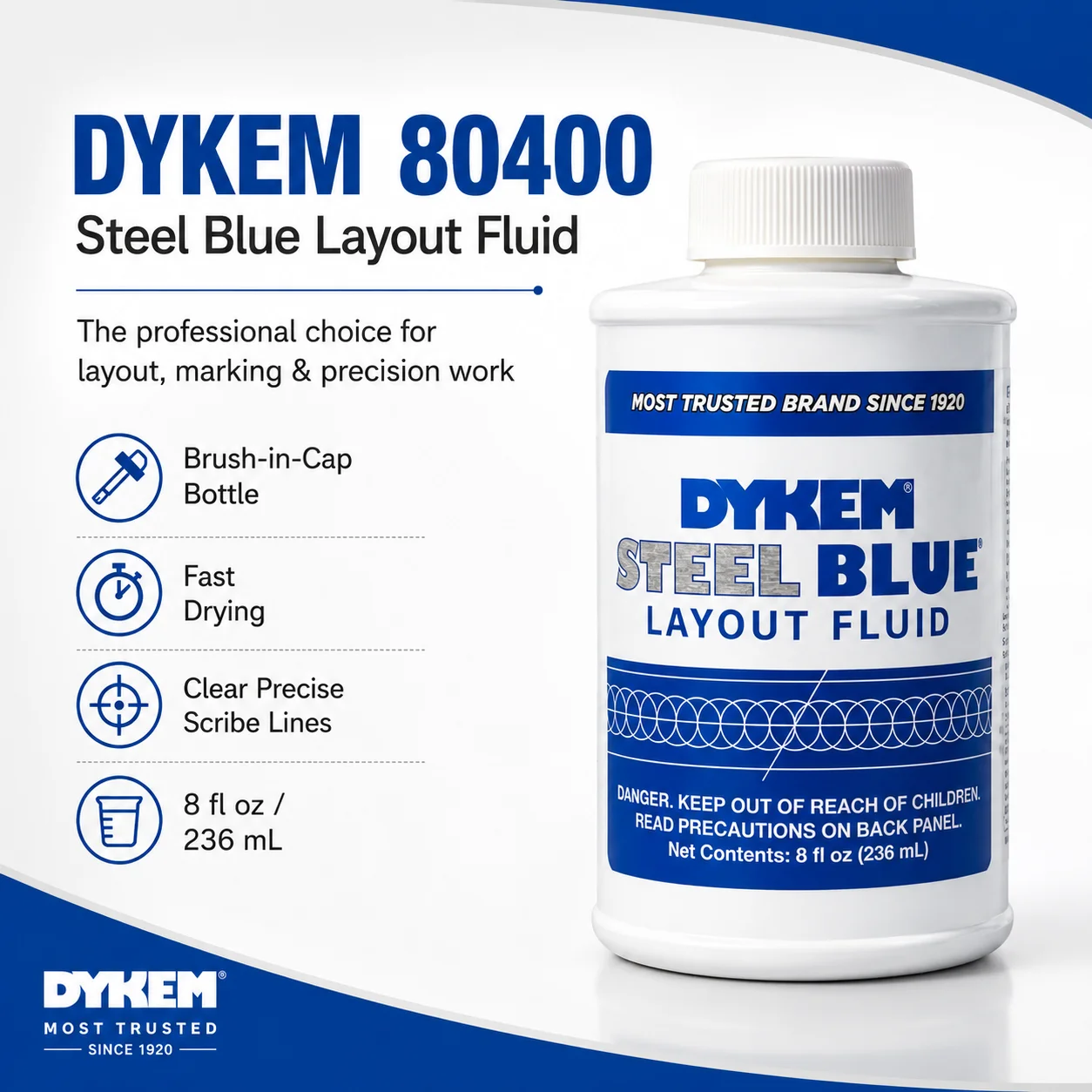 DYKEM 80400 Steel Blue Layout Fluid 8oz Metal Marking Dye Brush Cap Scribing Fluid for Machining