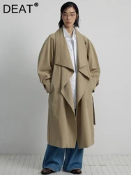 DEAT Fashion Women's Minimalism Trench Coat Lapel Long Sleeves Khaki Adjustable Waist Windbreaker Autumn 2024 New Tide 7AB4884