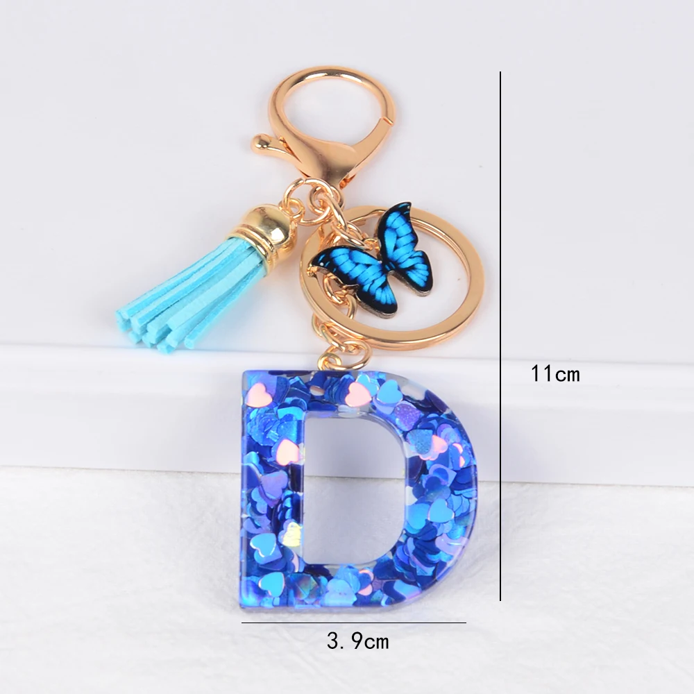 Resin English Letter Keychain With Blue Butterfly Pendant Tassel Charms Glitter Sequins love Filled 26 Initials Key Rings