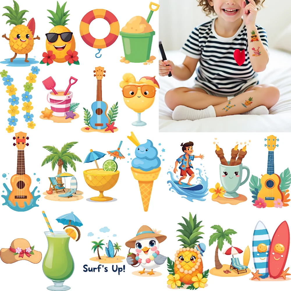

54pcs Temporary Tattoo Ice Cream Waterproof Long-lasting Body Stickers Guitar Pineapple Cartoon Flip Flops For Boys Girls