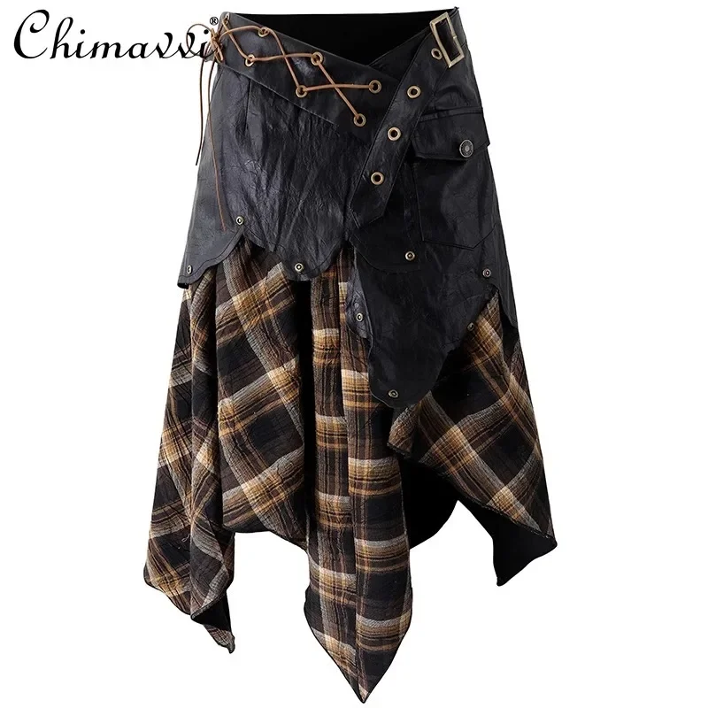 2024 New European Goods Heavy Industry Original Design Sense Retro Rock Street Dark Punk Splicing Plaid fashion Skirt For Women