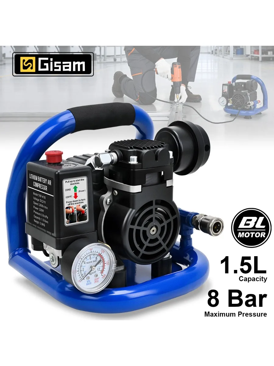 Gisam 1,5L Elektrischer Luftkompressor 8 Bar 120 PSI Ölfreier tragbarer Kompressor für Reifenfüllung, Autolackierung, Heimwerkerbedarf, Hochleistungswerkzeug für Makita 18V Akku