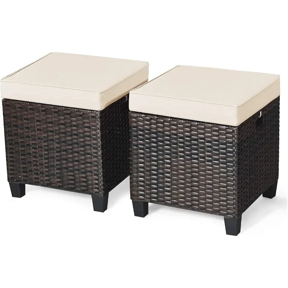 Rattan Patio Stool with Removable Cushion, All Weather Wicker Ottoman, Steel Frame, Living Room, Free Shipping, 2 Pcs