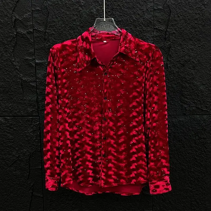 New Fashion Starry Sky Design Long Sleeve Shirt Casual High-end Men's Top Floral Blouse Hiphop Singer Red Black