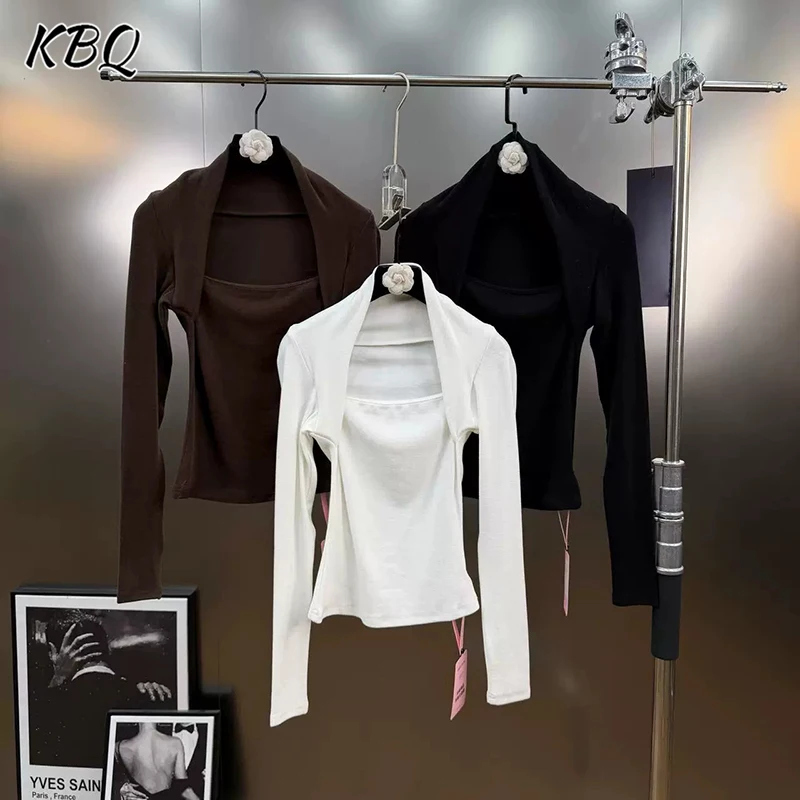 

KBQ Solid Slimming Minimalist Warm T Shirt Fot Women Round Neck Long Sleeve Casual Fake Two Items Tops Female Fashion Style New