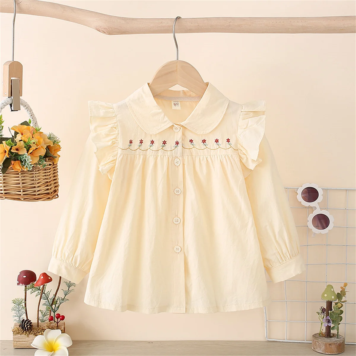 Girls' Shirt Exquisite Small Flower Embroidery Solid Color Lace Decoration Academy Style Polo Collar Long Sleeve Versatile Top