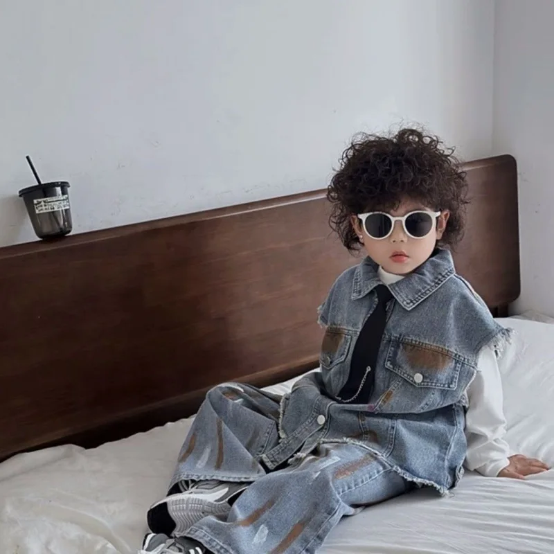 Boys Vest +Pants Kids Suits Cotton 2PCS/Set 2024 Blue Jean Spring Autumn Cotton Sport Teenagers Children Clothing