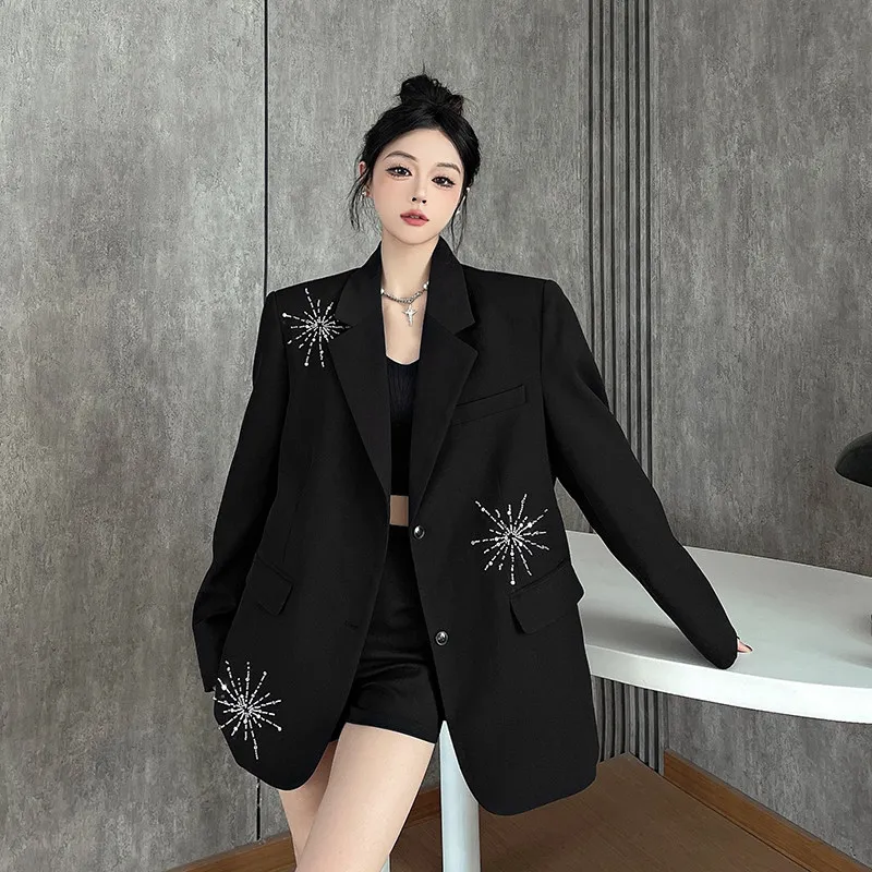 Fashion Women Black Blazer Sequins Beads Long Sleeve Jacket Elegant Loose Ladies Outerwear Spring Autumn Temperament Coat