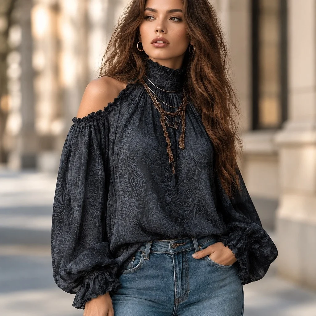 Off Shoulder Top Loose Fit Relaxed Silhouette with Turtleneck Long Sleeve Pullover Women Blouses and Shirts Commuter Chic