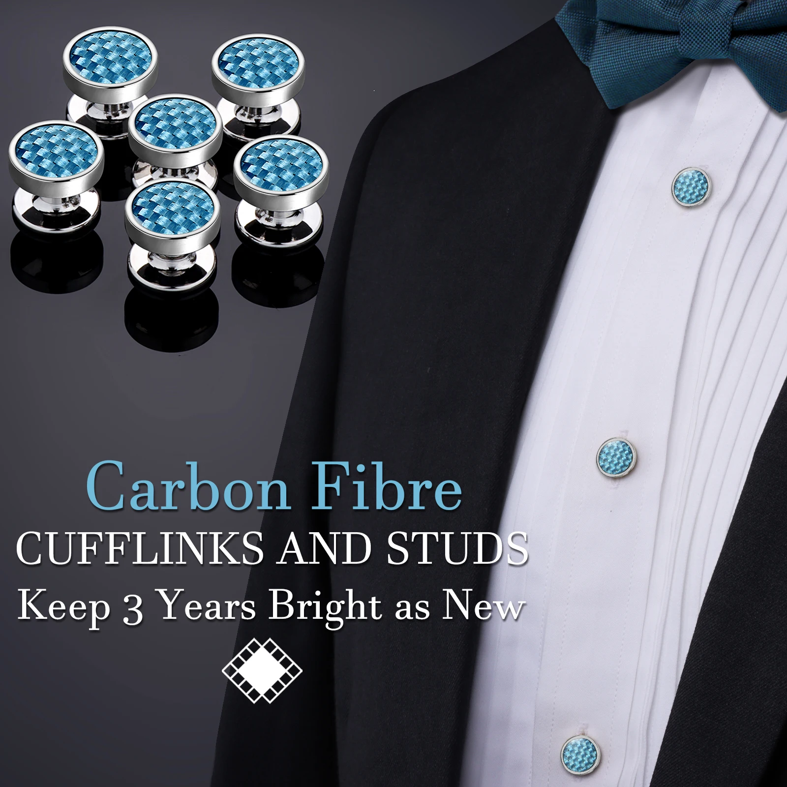 Mens Cufflinks and Tuxedo Studs Set in Gift Box(Round Carbon Fiber),Men Fashion&High Quality Tuxedo Shirt Jewelry or Accessories