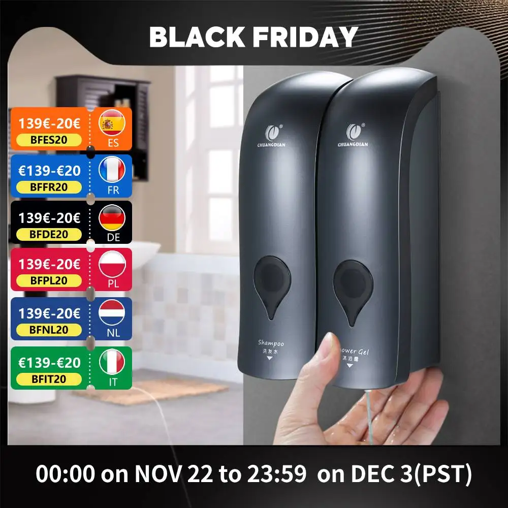 CHUANGDIAN 300ml*2 Wall Mounted Double-Head Manual Soap Dispenser Drilling Installation Shower Gel Liquid Shampoo Dispenser