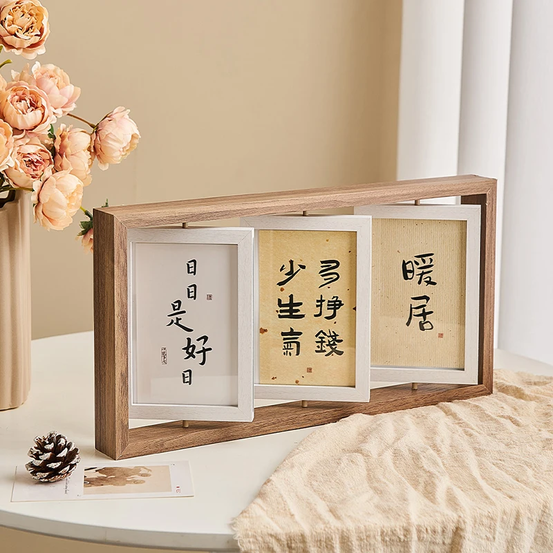 Solid wood rotating 6-inch, 6-inch, double-sided photo frame production, small swing table decorative painting, retro, simple