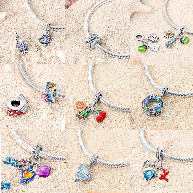 New Silver Plated Charms Beads Turtle Starfish Shell Sea Blue Summer Beads Fit Original Charms DIY Woman Jewelry Gift