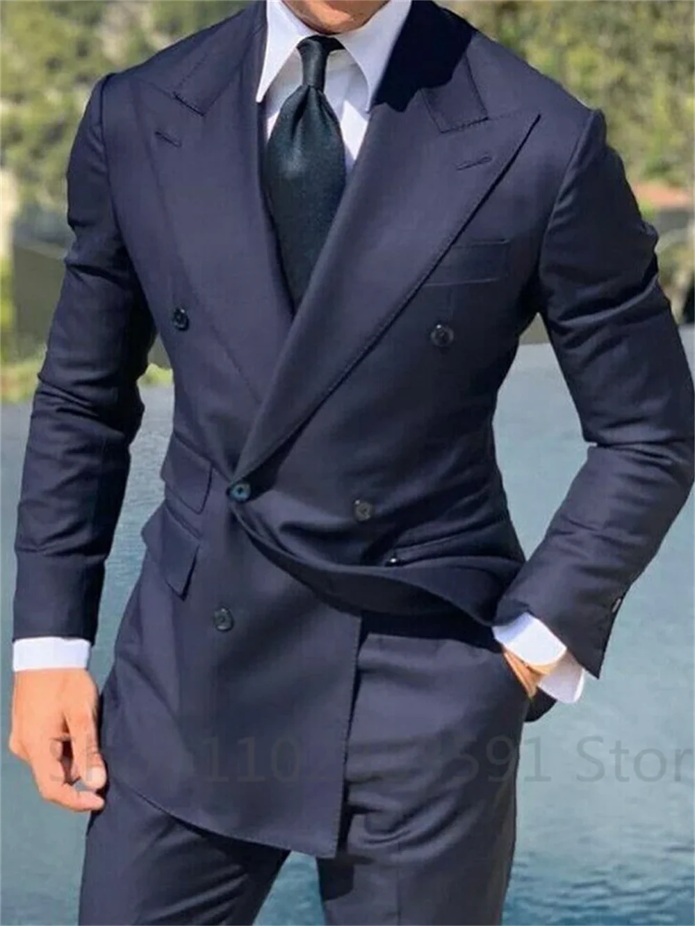 1 Piece Navy Blue Double Breasted Jacket Only Costume Homme Men Suits Tuxedo Groom Wedding Slim Fit Terno Masculino Blazer