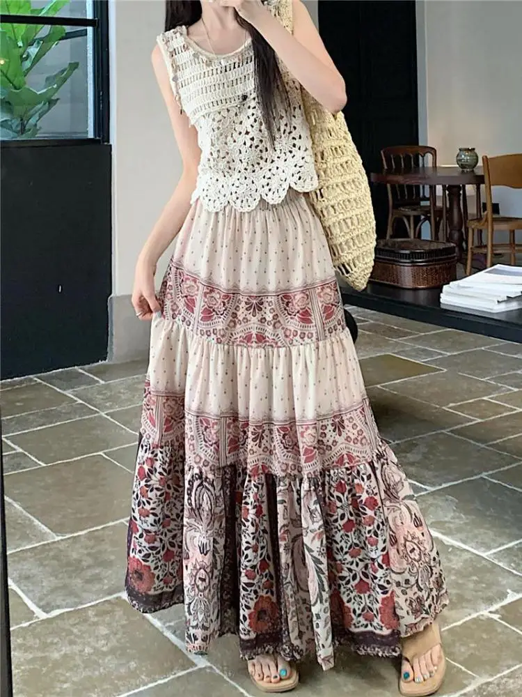 

Women 2025 Summer New Beige Round Neck Hollow Out Sleeveless Vest Tops + High Waist Print Long Skirt Boho Vacation Two-piece Set