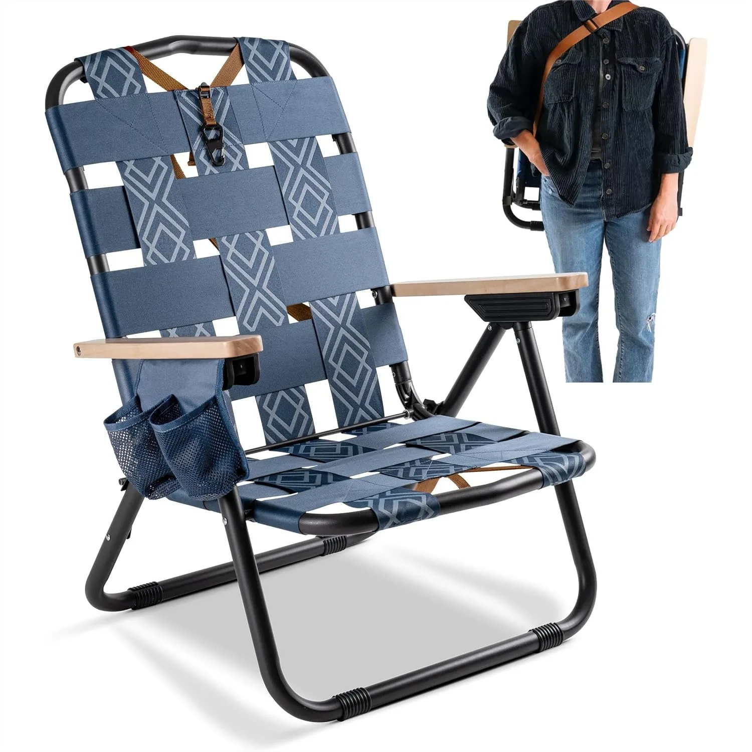 

Beach Camping Chair with Hands Free Carrying Strap, Real Wood Handles & 2 Cup Holders, Foldable Low Profile Reclining Lawn Chair