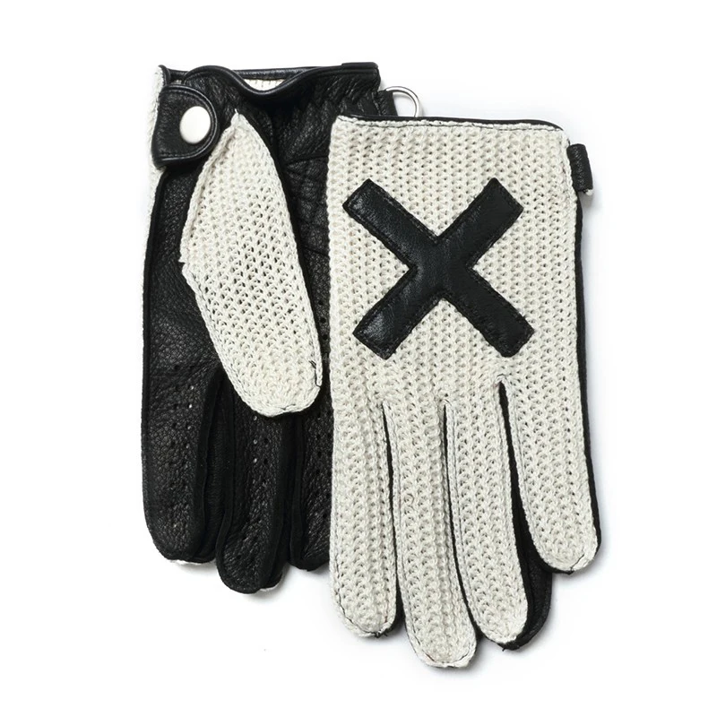 Vintage Motorcycle Deer Skin Knitted Gloves for Men Spring Summer Genuine Leather Mesh Air Holes X Cross Mitt  White Gants