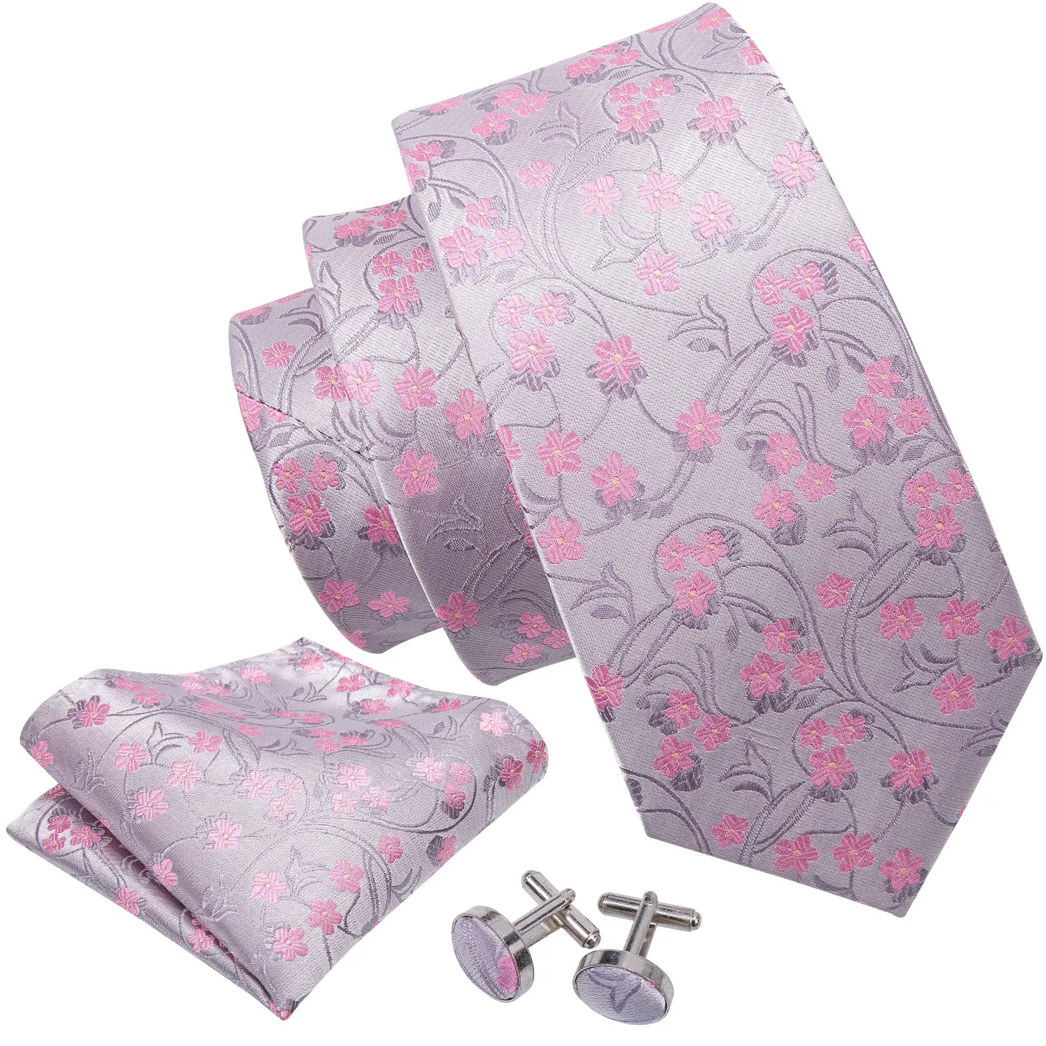Pink Floral Men Tie Handkerchief Cufflinks Set Jacquard Necktie for Man Male Wedding Business Ties Formal Dad Husband Gift