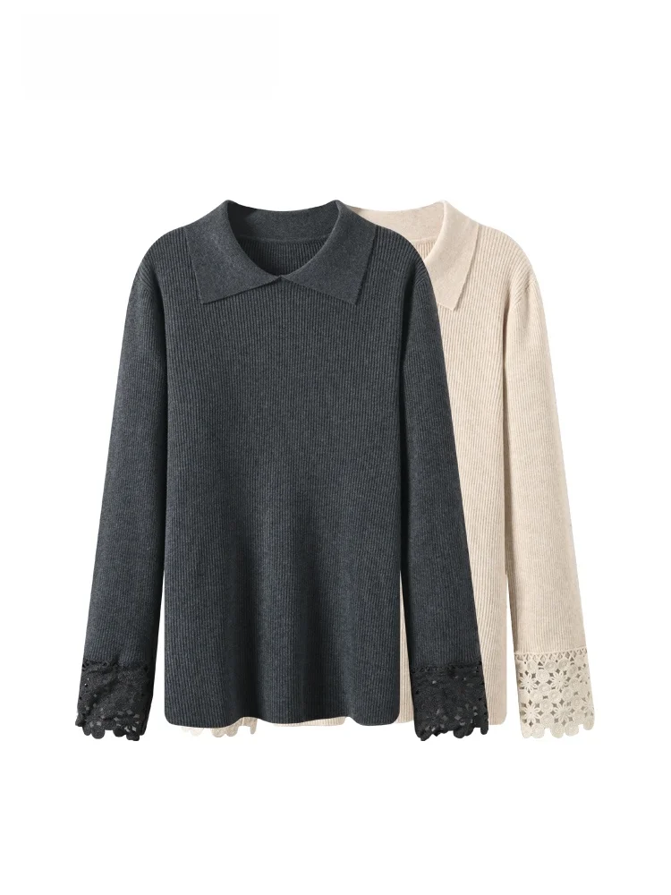 

plus Size Knitted Ne Long Sve Women's Top Lace Ele Sle Autumn Winter New Arrival for Plump Sister Lazy Sle