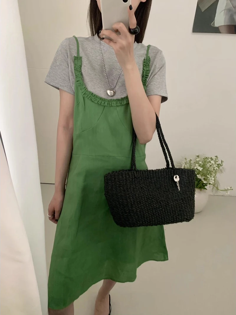 ReddaChic Casual Plain Linen Women Mini Dress Solid Spaghetti Strap Crew Neck Sleeveless A-line Sundress Holiday Summer Clothes