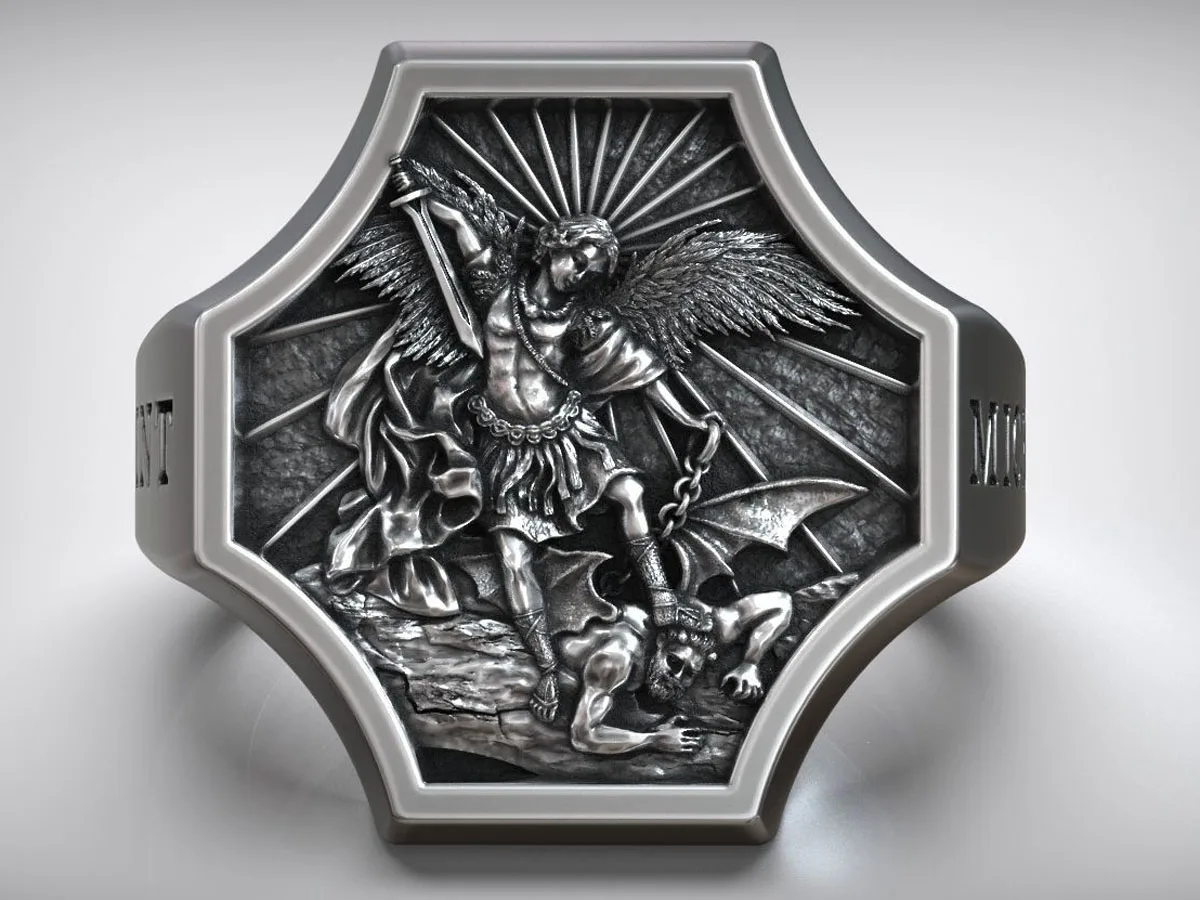 Imagem -02 - Personalizado 925 Anéis de Prata Esterlina para Homens Alívio Artístico Arcanjo Michael Satan Basrelief 14g Muitos Tamanhos 613